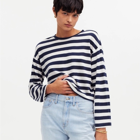 Madewell Drop-Shoulder Pullover Crop Tee in Stripe - Picture 1 of 7